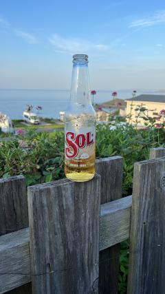 The night before the big walk - you can just see Godrevy past the bottle of Sol